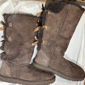 UGG Tall brown Suede Winter Boots BAILEY BOW II Triple Bows